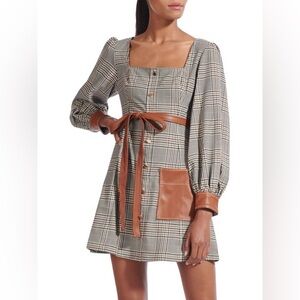Staud OZ Long Sleeve Glen Plaid Faux Leather Detail Mini Dress, Size 00 HEMMED